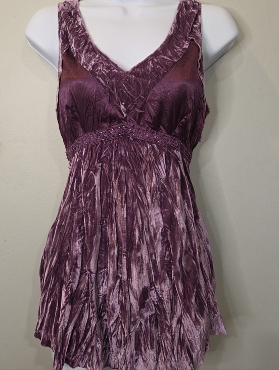 hazel Tops - Hazel Babydoll Purple Crushed Velvet & Satin Tank Top Beaded Bust Tie Bow y2k 90